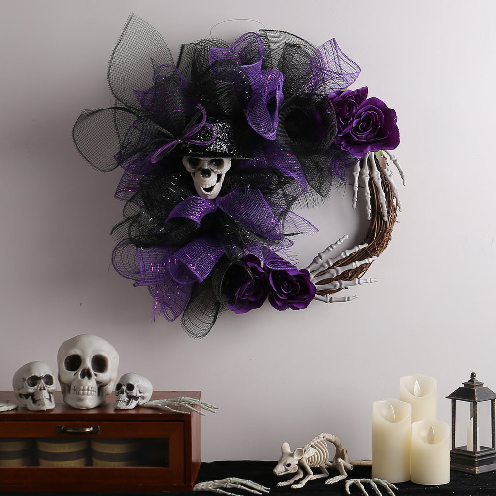 Halloween Skull Wreath with Cobwebs, 18" Red & 16" Purple, Spooky Home Decor, Party Decoration, Perfect for Halloween Events