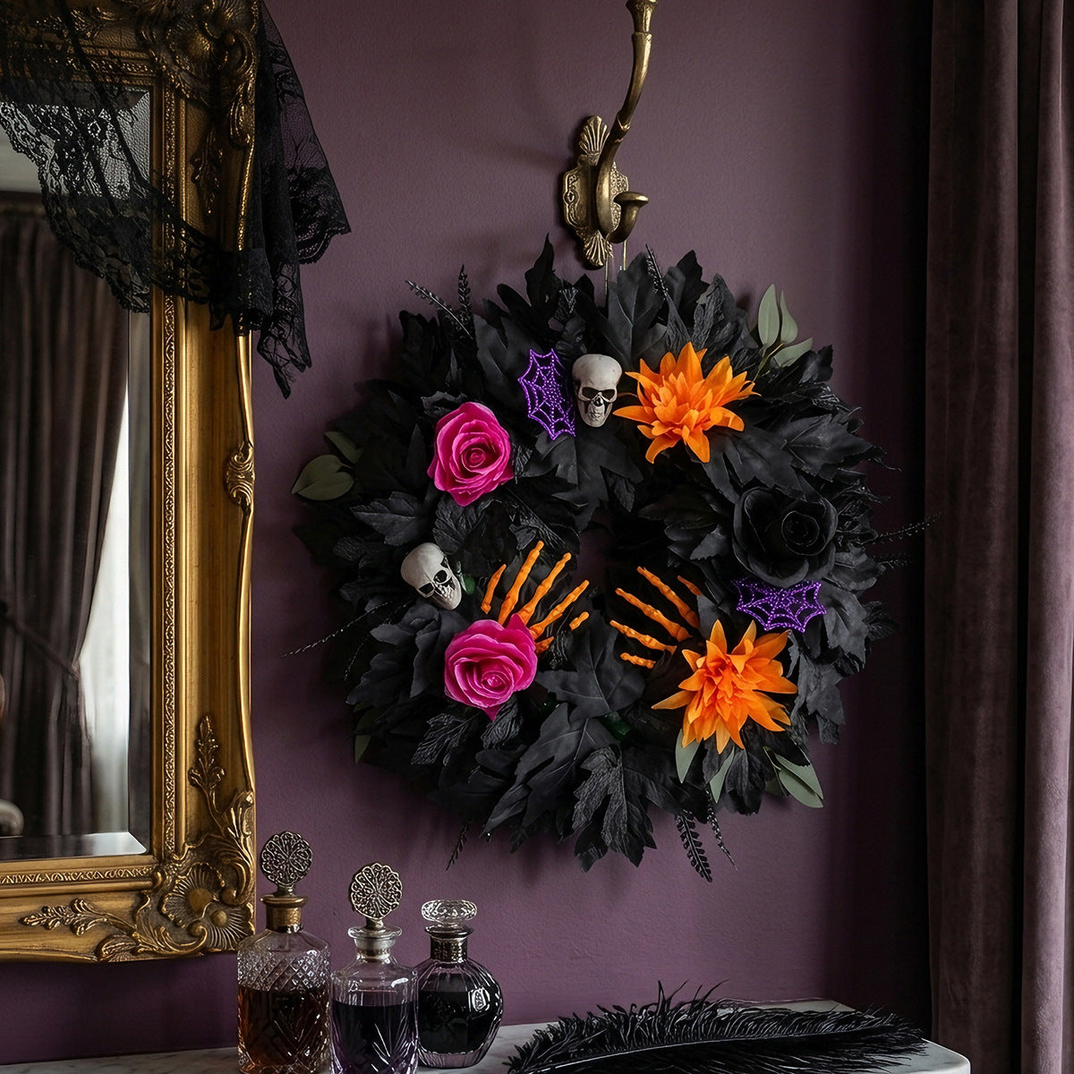 Halloween Black Leaf Floral Wreath, 20" Real-Touch Decorative Door Wreath, Perfect for Home Decor, Parties, and Seasonal Celebrations