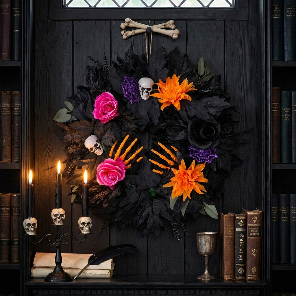 Halloween Black Leaf Floral Wreath, 20" Real-Touch Decorative Door Wreath, Perfect for Home Decor, Parties, and Seasonal Celebrations