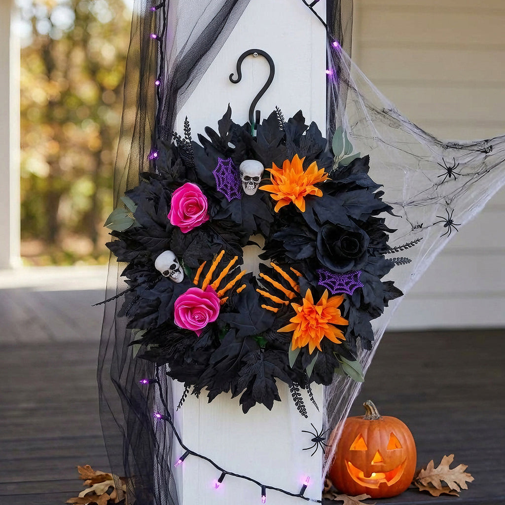 Halloween Black Leaf Floral Wreath, 20" Real-Touch Decorative Door Wreath, Perfect for Home Decor, Parties, and Seasonal Celebrations