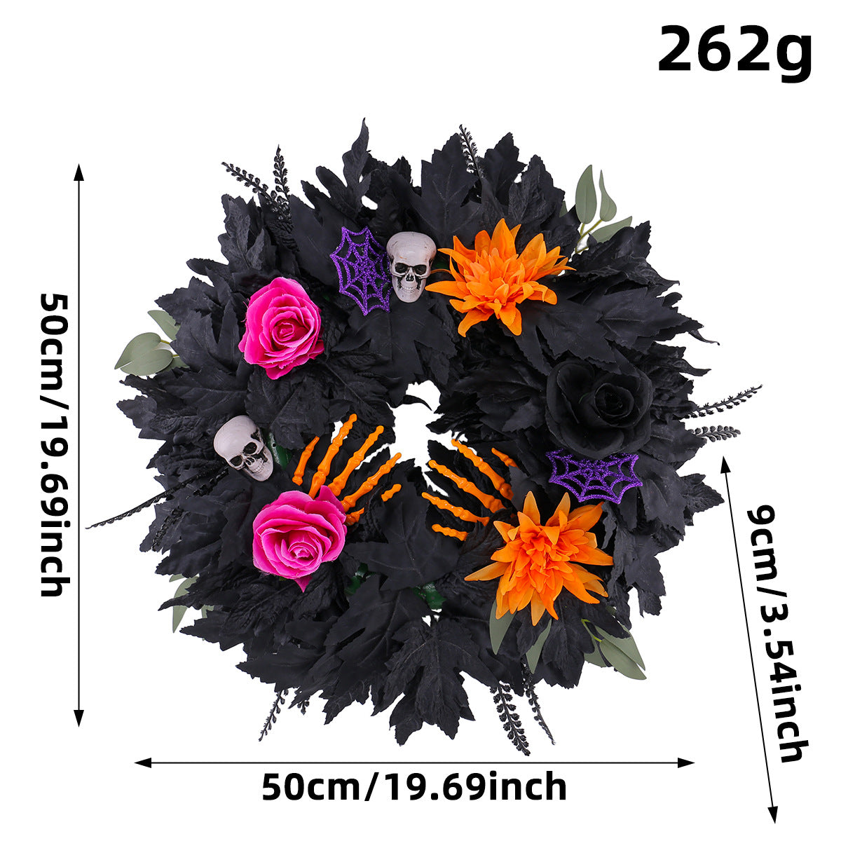 Halloween Black Leaf Floral Wreath, 20" Real-Touch Decorative Door Wreath, Perfect for Home Decor, Parties, and Seasonal Celebrations