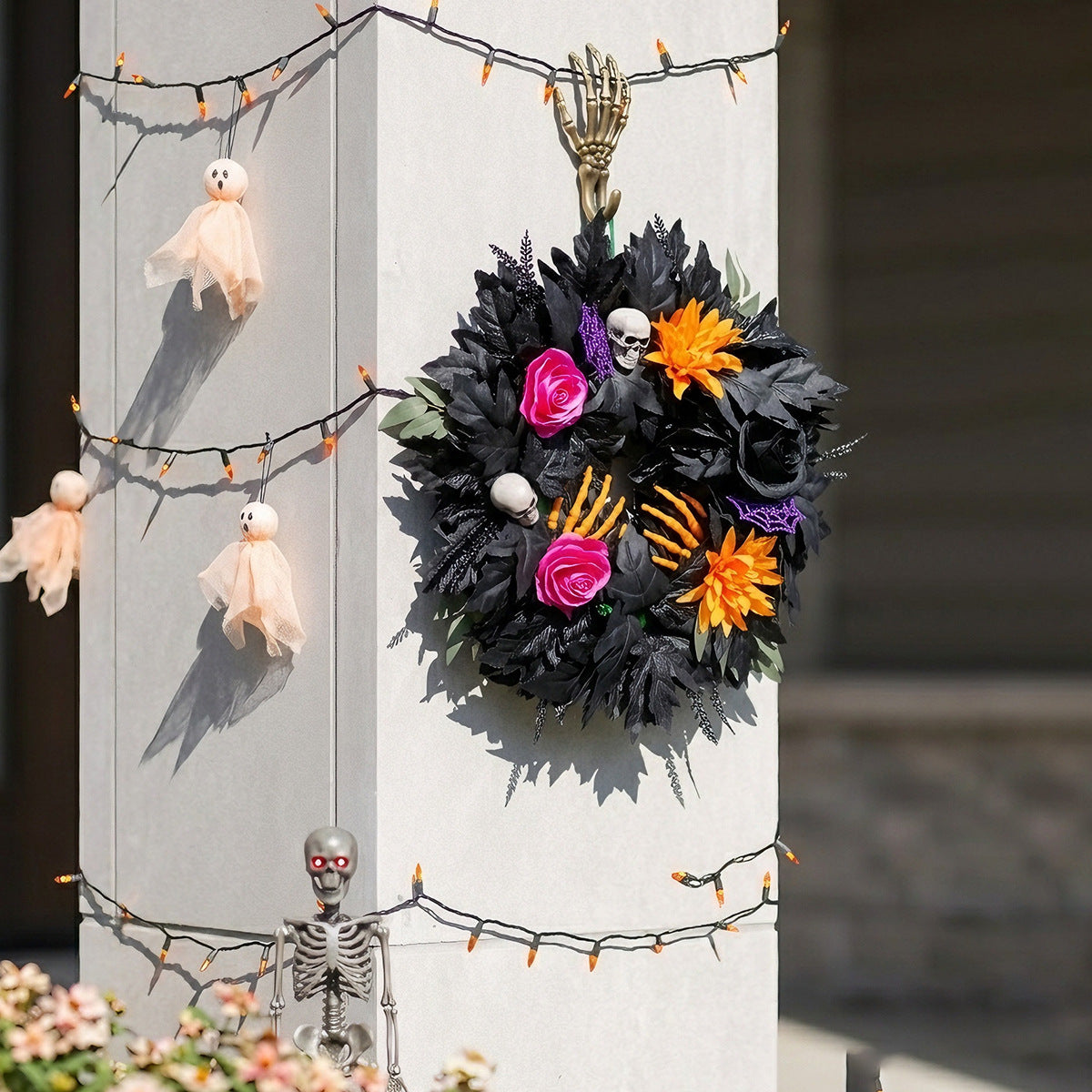 Halloween Black Leaf Floral Wreath, 20" Real-Touch Decorative Door Wreath, Perfect for Home Decor, Parties, and Seasonal Celebrations