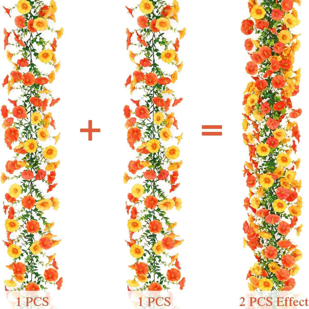 Autumn Eucalyptus & Morning Glory Garland, Set of 2, 71-Inch Faux Trailing Vines for Rustic Wedding Decor, Mantelpiece, Home & Event Styling