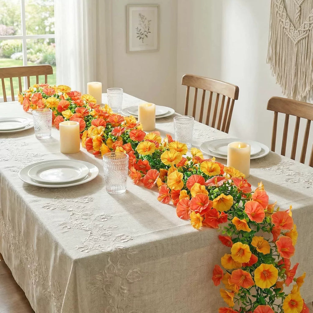 Autumn Eucalyptus & Morning Glory Garland, Set of 2, 71-Inch Faux Trailing Vines for Rustic Wedding Decor, Mantelpiece, Home & Event Styling