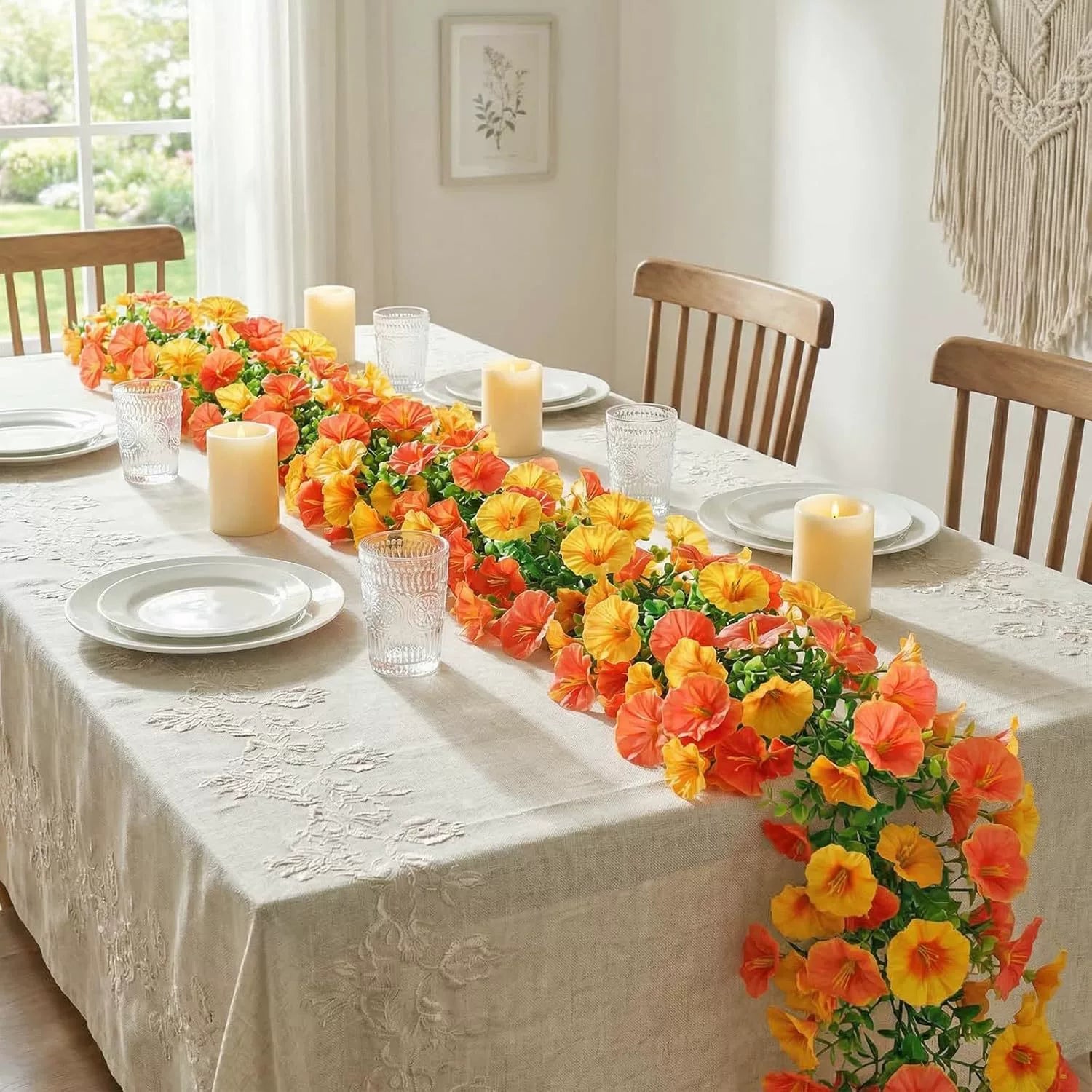 Autumn Eucalyptus & Morning Glory Garland, Set of 2, 71-Inch Faux Trailing Vines for Rustic Wedding Decor, Mantelpiece, Home & Event Styling