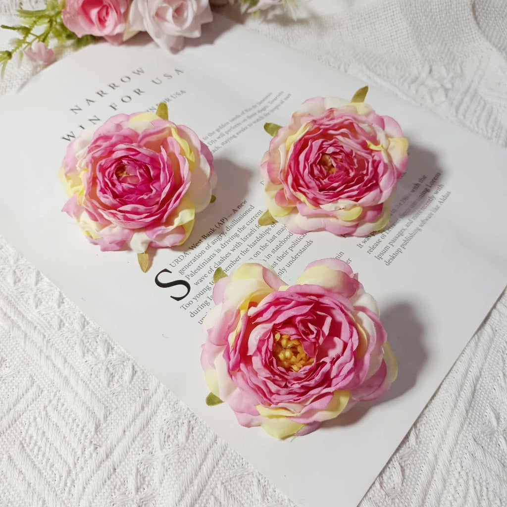 Set of 3 Faux Camellia Flower Heads, 3" Realistic Peony-Style Silk Blooms for DIY Crafts, Wedding Decor, Wreaths & Gift Embellishments