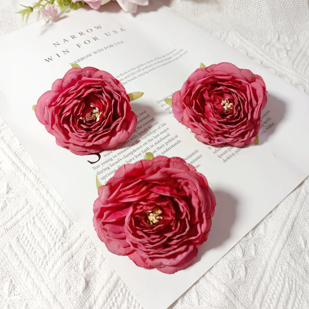 Set of 3 Faux Camellia Flower Heads, 3" Realistic Peony-Style Silk Blooms for DIY Crafts, Wedding Decor, Wreaths & Gift Embellishments