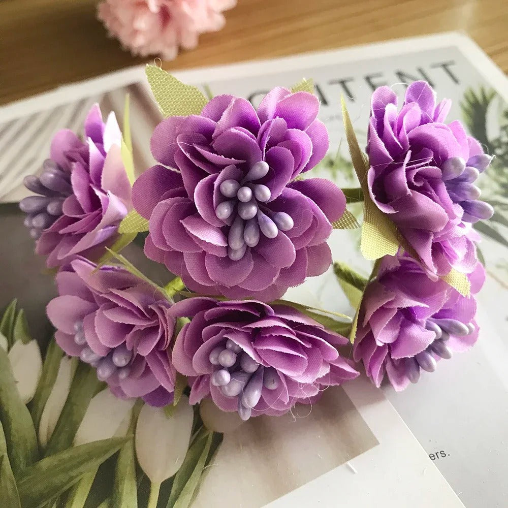 Mini Faux Wildflower Bouquet Pick, 4.5" Realistic Silk Hydrangea for DIY Crafts, Wired Floral Stems for Wreaths, Corsages, Gift Toppers, Wedding