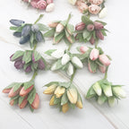 Frosted Mini Tulip Bouquet, 5.5", 6 Stems of Realistic Faux Tulips for DIY Wedding Crafts, Corsages, Small Vases & Home Decor Accents