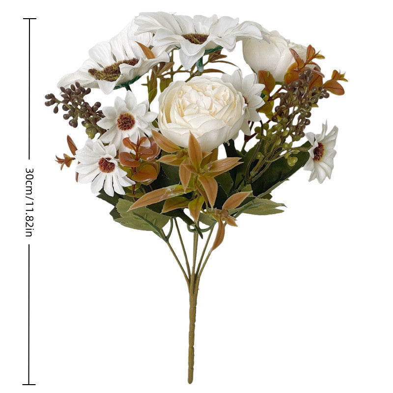 Lifelike Autumn Sunflower & Peony Bouquet, 12" Faux Floral Stem, Rustic Harvest Flowers for Vase, Cottagecore Home Decor, Wedding
