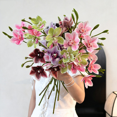 22" Realistic Cymbidium Orchid Stem, Elegant Long Faux Floral Spray for Florists, Wedding Bouquets, Event Decor & Vase Arrangements