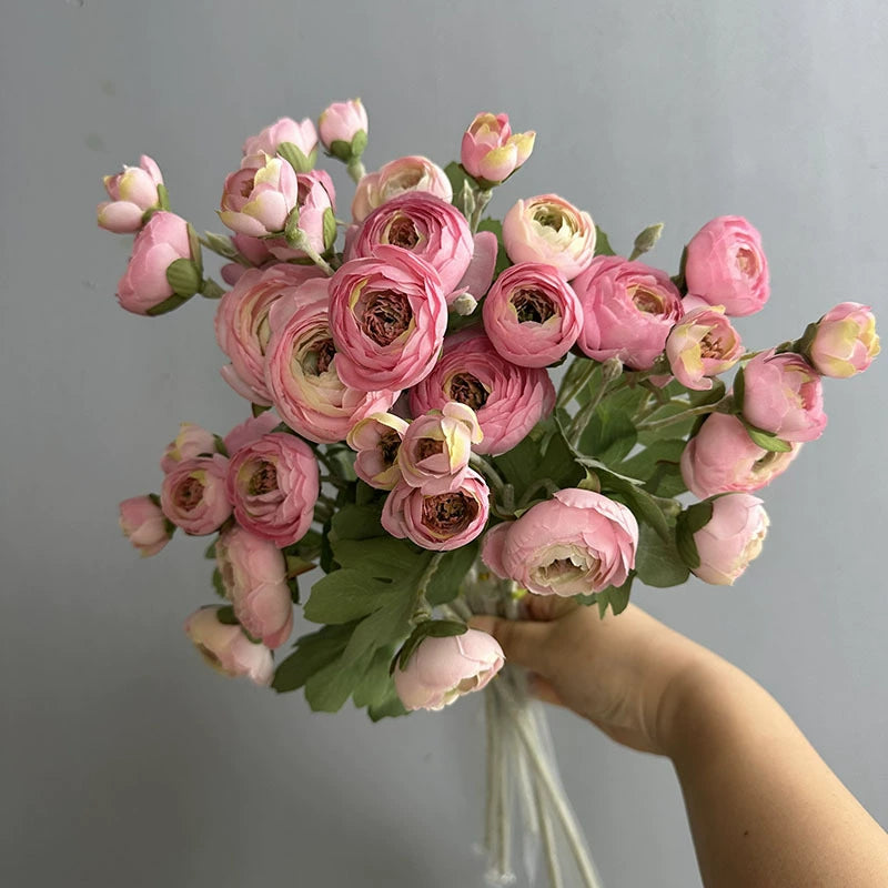 7-Head Flocked Ranunculus Stem, 19-Inch Realistic Persian Buttercup, Life-Like Faux Flowers for Vase Arrangement, Wedding Bouquets, Home Decor
