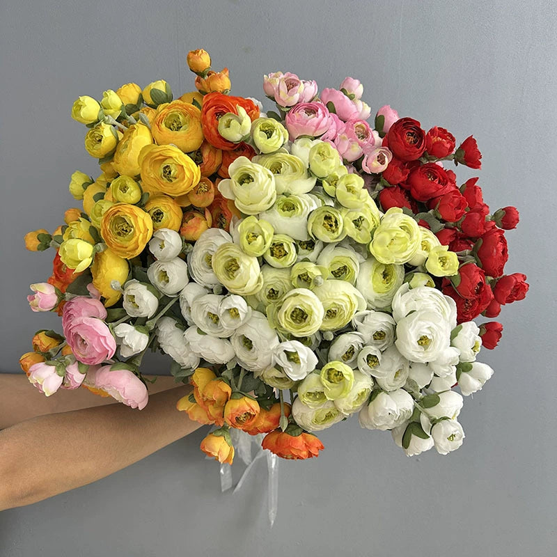 7-Head Flocked Ranunculus Stem, 19-Inch Realistic Persian Buttercup, Life-Like Faux Flowers for Vase Arrangement, Wedding Bouquets, Home Decor