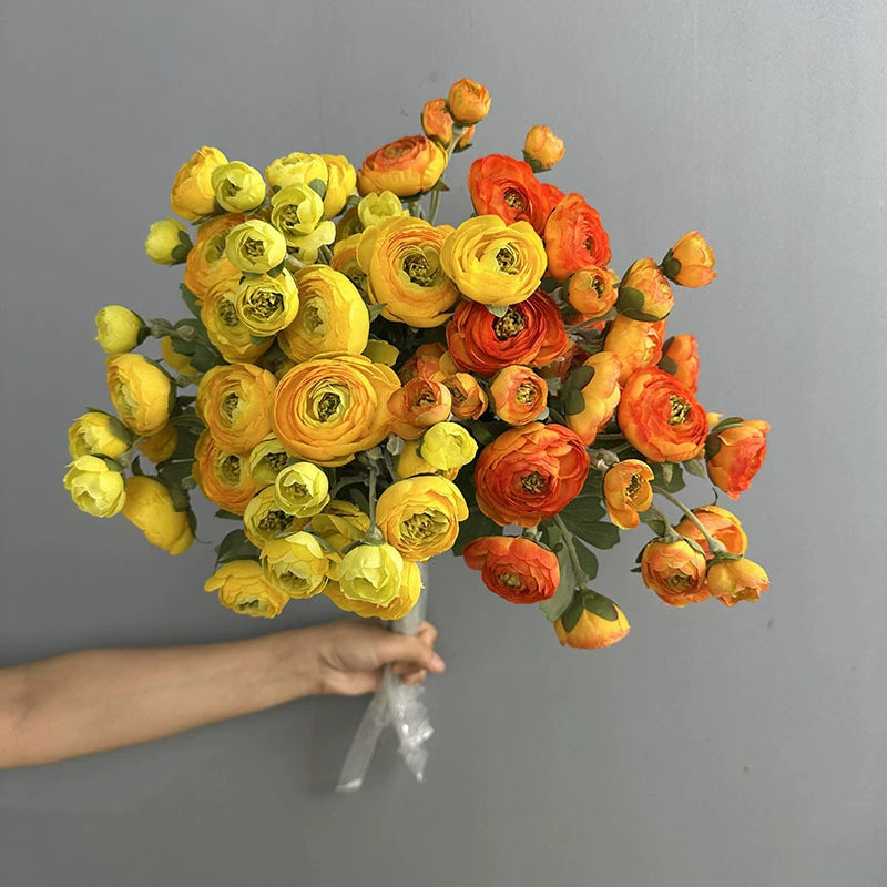 7-Head Flocked Ranunculus Stem, 19-Inch Realistic Persian Buttercup, Life-Like Faux Flowers for Vase Arrangement, Wedding Bouquets, Home Decor