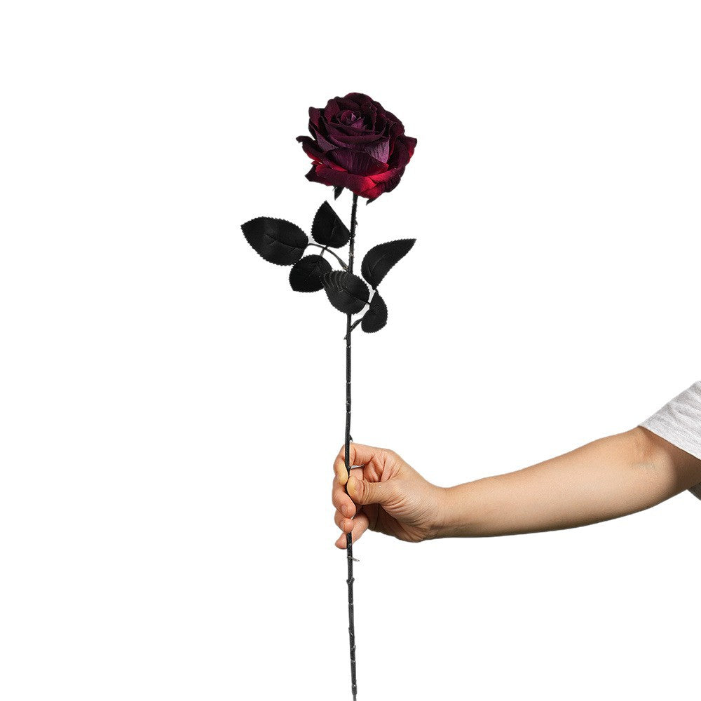 Gothic Style Artificial Rose Stem - Realistic Dark Red Faux Flower for Halloween Decor, Gothic Wedding Centerpieces, Home Decor (20" Long)