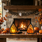 Halloween Decoration Pumpkin Ghost House Skull Lantern, 6.5" Tall, Realistic LED Light, Indoor Outdoor Decor, Party Centerpiece