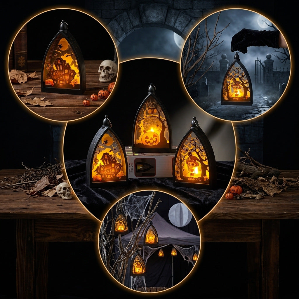 Halloween Decoration Pumpkin Ghost House Skull Lantern, 6.5" Tall, Realistic LED Light, Indoor Outdoor Decor, Party Centerpiece