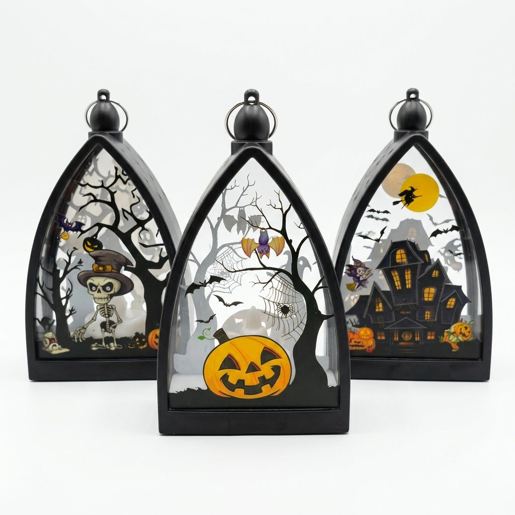 Halloween Decoration Pumpkin Ghost House Skull Lantern, 6.5" Tall, Realistic LED Light, Indoor Outdoor Decor, Party Centerpiece