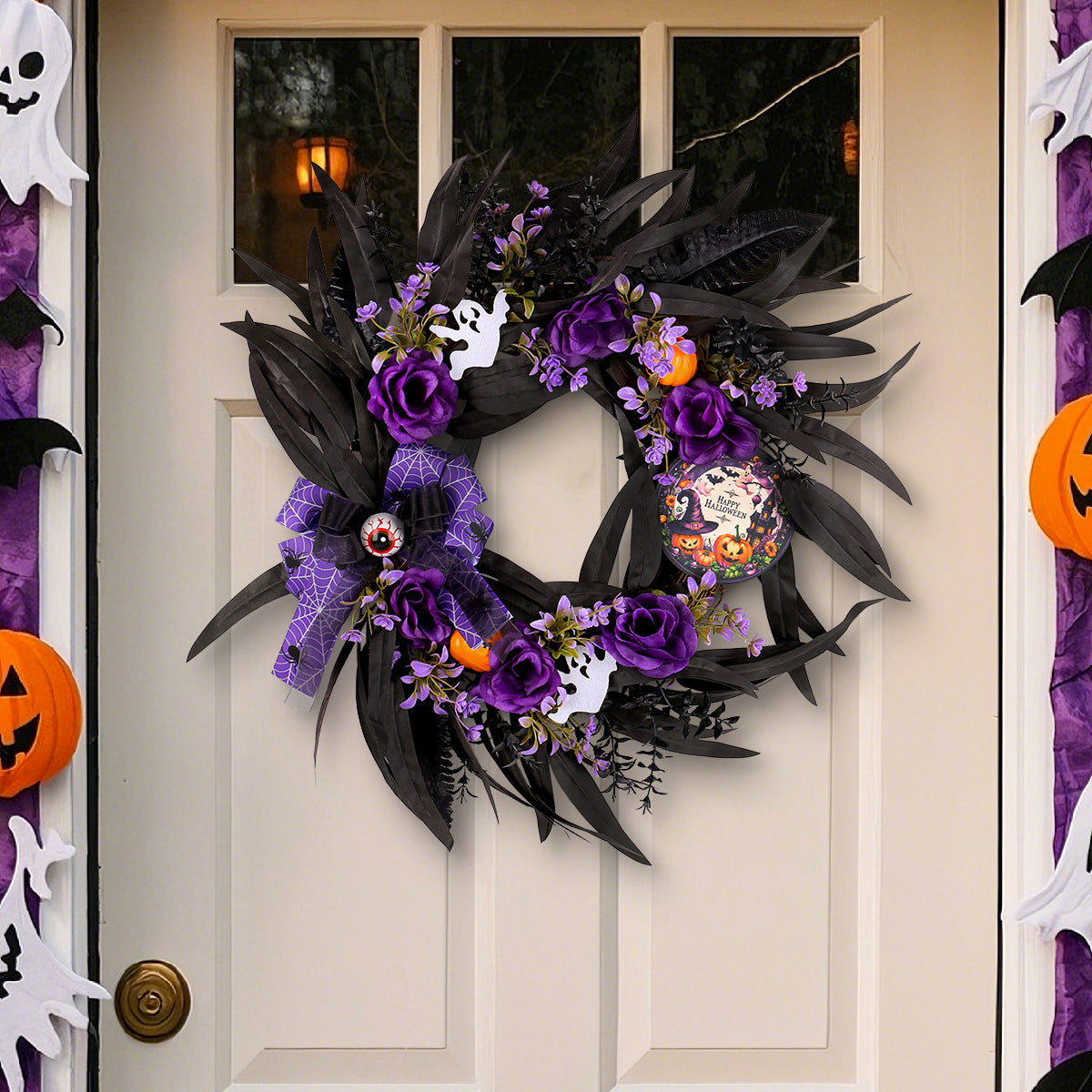 Halloween Faux Rose Wreath with Wooden Plaque, 20" Gothic Floral Hoop for Doors & Parties, Indoor/Outdoor Decor