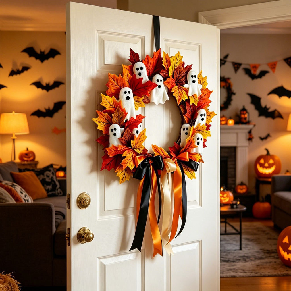 Halloween Ghost Wreath with Bow Hanging Decor, 16" Spooky Floral Arrangement for Door, Party & Seasonal Display