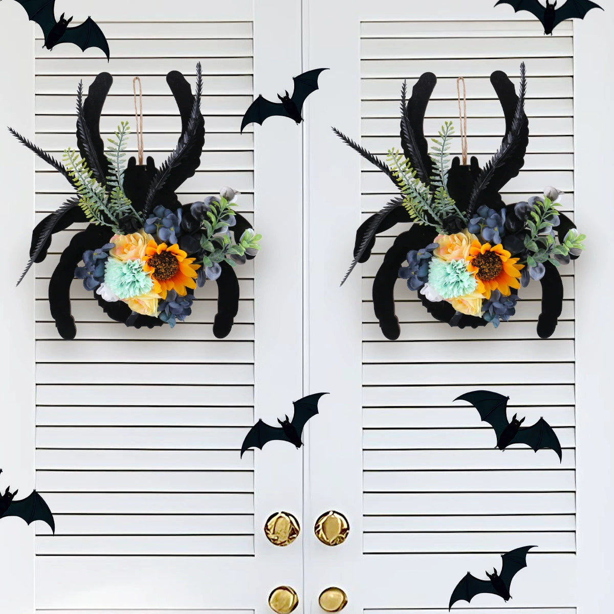 Spider Wooden Door Hanging Wreath, Halloween Decor, Real-Touch Faux Floral Wreath, Window Display, Indoor/Outdoor Wall Decor, 12"
