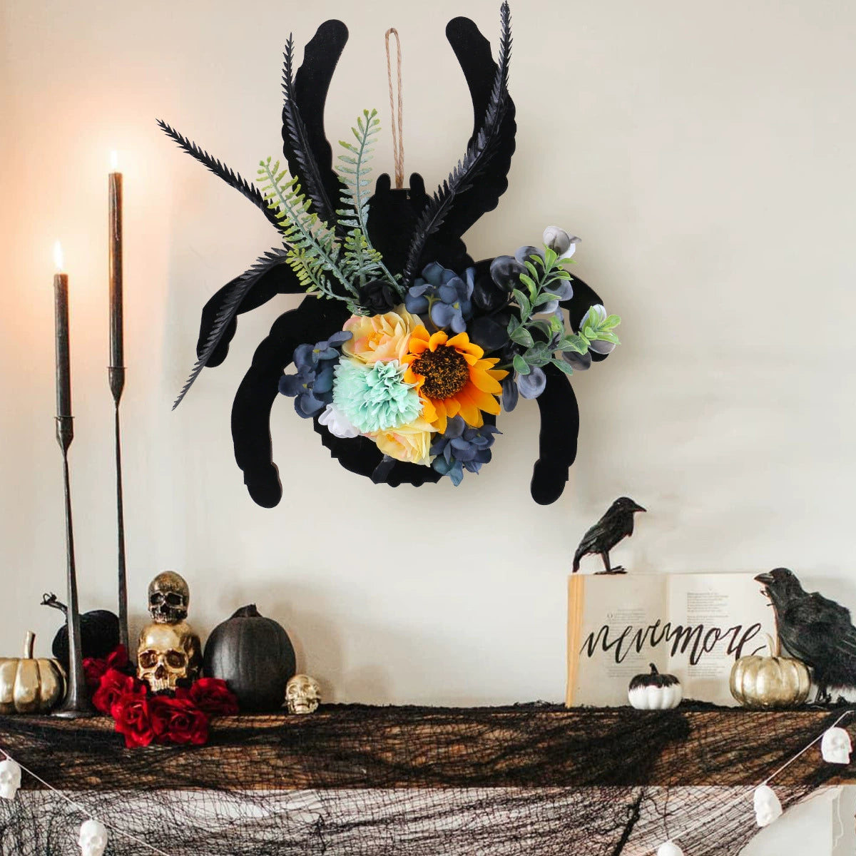 Spider Wooden Door Hanging Wreath, Halloween Decor, Real-Touch Faux Floral Wreath, Window Display, Indoor/Outdoor Wall Decor, 12"
