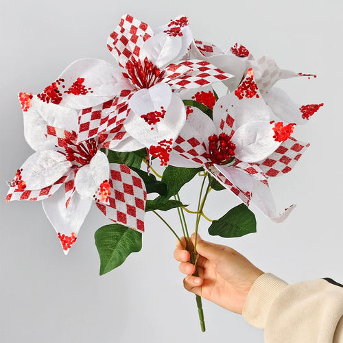 17" Realistic Artificial Poinsettia Christmas Flowers with Gold Glitter, Faux Holiday Floral Arrangement for Vase, Home Decor, Wedding & Event Styling