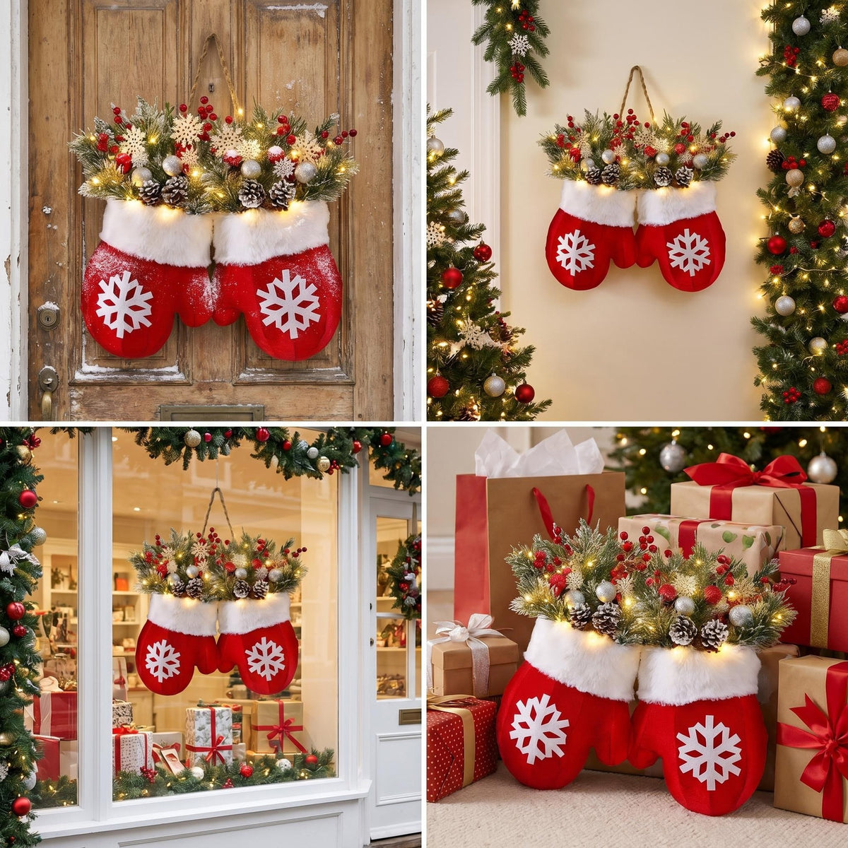 LED Glove Wreath with Pine Cones & Berries, 14" Artificial Christmas Garland, Holiday Door Hanging Decor for Home, Parties, Events