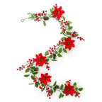 Christmas Garland with Poinsettia Leaves, Red Berries, and Vines, 67" Long, Holiday Wall Decor, Festive Mantelpiece or Table Centerpiece