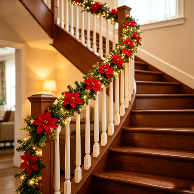 Artificial Poinsettia Garland, 71" Christmas Decoration, Indoor Staircase Hanging Vine with Red Blooms and Eucalyptus Leaves