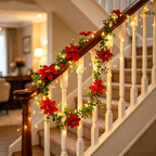 Artificial Poinsettia Garland, 71" Christmas Decoration, Indoor Staircase Hanging Vine with Red Blooms and Eucalyptus Leaves