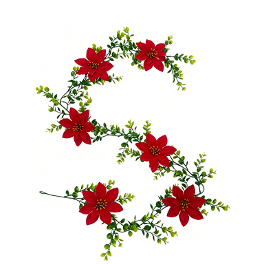 Artificial Poinsettia Garland, 71" Christmas Decoration, Indoor Staircase Hanging Vine with Red Blooms and Eucalyptus Leaves