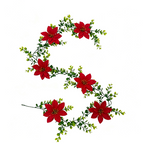 Artificial Poinsettia Garland, 71" Christmas Decoration, Indoor Staircase Hanging Vine with Red Blooms and Eucalyptus Leaves
