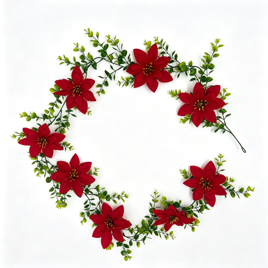 Artificial Poinsettia Garland, 71" Christmas Decoration, Indoor Staircase Hanging Vine with Red Blooms and Eucalyptus Leaves
