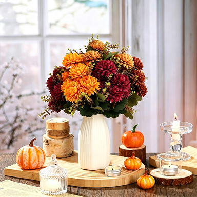 Artificial Silk Chrysanthemum Bush, 15" Height, Set of 8, Perfect for Weddings & Home Decor, Available in Wine Red, Bright Orange, Mustard Yellow, Burnt Orange