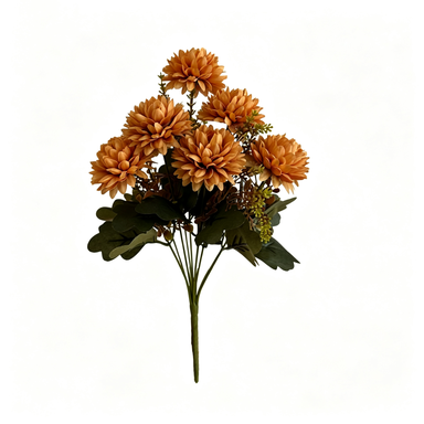 Artificial Silk Chrysanthemum Bush, 15" Height, Set of 8, Perfect for Weddings & Home Decor, Available in Wine Red, Bright Orange, Mustard Yellow, Burnt Orange