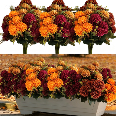 Artificial Silk Chrysanthemum Bush, 15" Height, Set of 8, Perfect for Weddings & Home Decor, Available in Wine Red, Bright Orange, Mustard Yellow, Burnt Orange