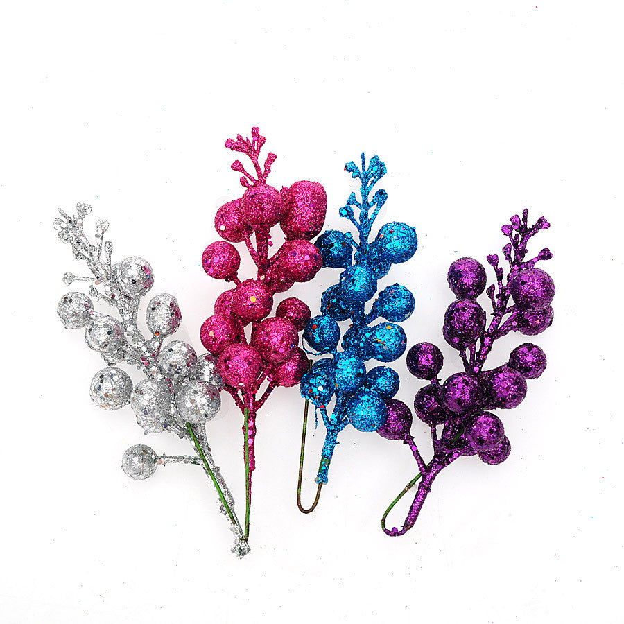Festive Cherry Berry Stems, 8" Long, Set of 3, Gold-Toned Artificial Branches for Christmas Decor