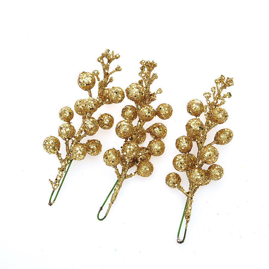 Festive Cherry Berry Stems, 8" Long, Set of 3, Gold-Toned Artificial Branches for Christmas Decor