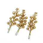 Festive Cherry Berry Stems, 8" Long, Set of 3, Gold-Toned Artificial Branches for Christmas Decor