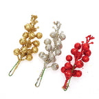 Festive Cherry Berry Stems, 8" Long, Set of 3, Gold-Toned Artificial Branches for Christmas Decor