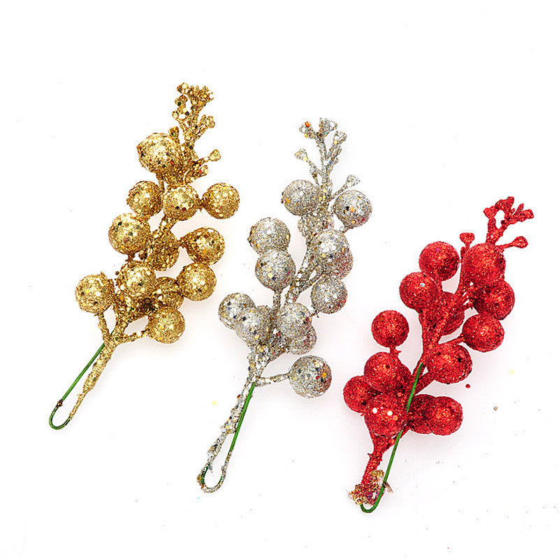 Festive Cherry Berry Stems, 8" Long, Set of 3, Gold-Toned Artificial Branches for Christmas Decor