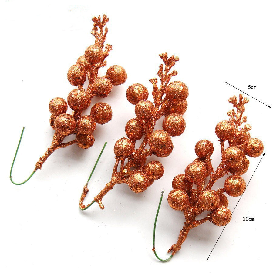 Festive Cherry Berry Stems, 8" Long, Set of 3, Gold-Toned Artificial Branches for Christmas Decor