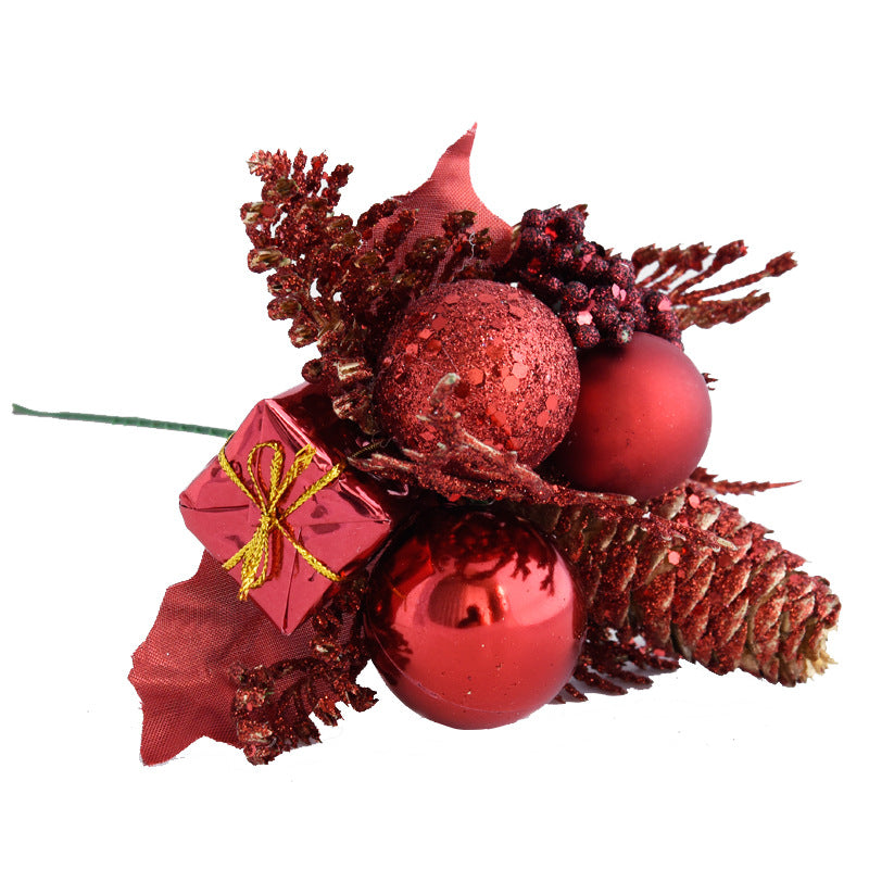 Christmas Spruce Pinecone Sprigs with Gold Red Silver Ornaments, 8" Artificial Holiday Decorative Branches