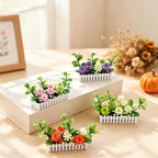 Mini White Fence Flower Set, Dollhouse Garden Decor, Plastic Bush Flowers with Pot, 2.5" Length, Perfect for Miniature Models and Dollhouses