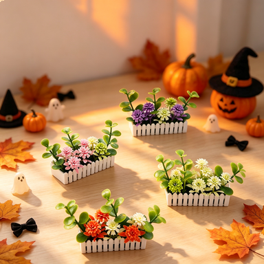Mini White Fence Flower Set, Dollhouse Garden Decor, Plastic Bush Flowers with Pot, 2.5" Length, Perfect for Miniature Models and Dollhouses