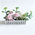 Mini White Fence Flower Set, Dollhouse Garden Decor, Plastic Bush Flowers with Pot, 2.5" Length, Perfect for Miniature Models and Dollhouses