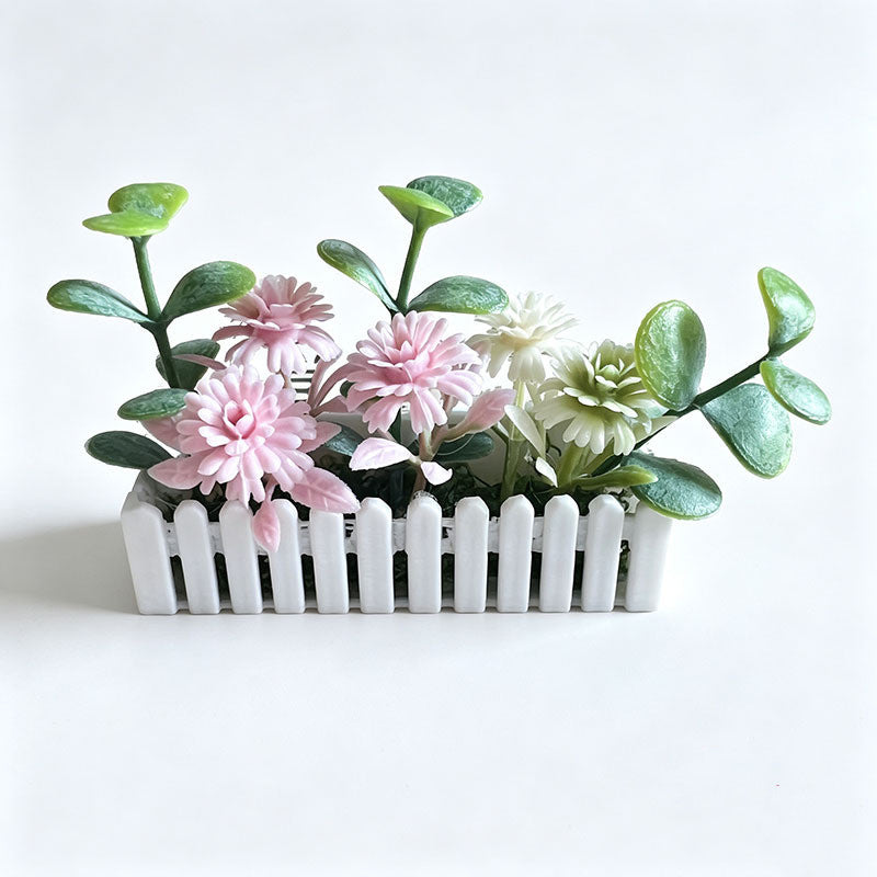 Mini White Fence Flower Set, Dollhouse Garden Decor, Plastic Bush Flowers with Pot, 2.5" Length, Perfect for Miniature Models and Dollhouses