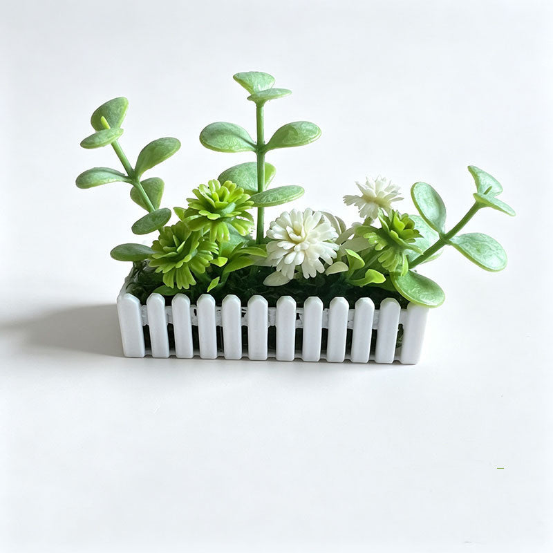 Mini White Fence Flower Set, Dollhouse Garden Decor, Plastic Bush Flowers with Pot, 2.5" Length, Perfect for Miniature Models and Dollhouses
