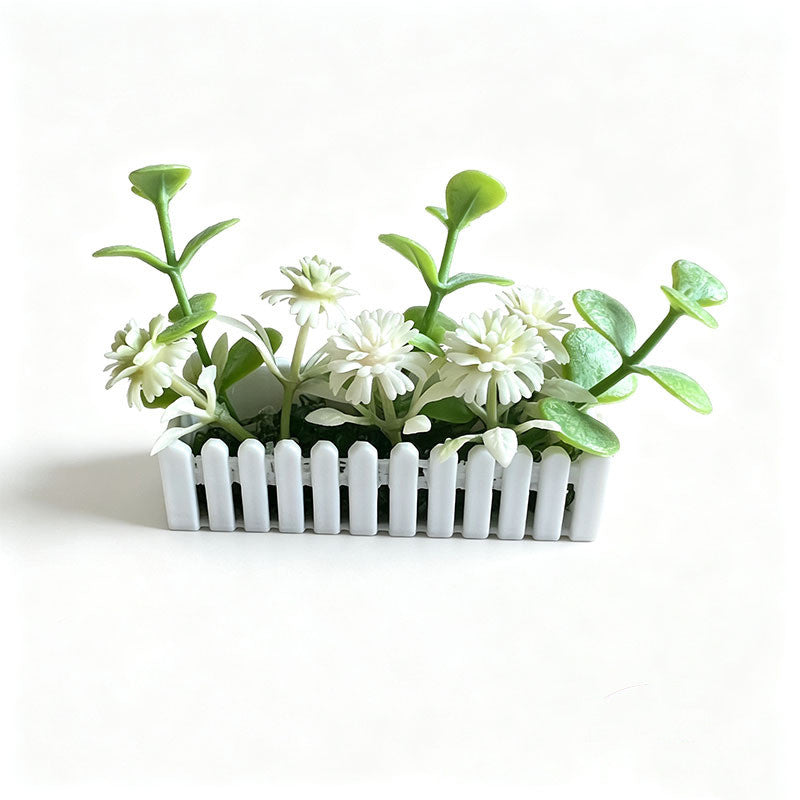 Mini White Fence Flower Set, Dollhouse Garden Decor, Plastic Bush Flowers with Pot, 2.5" Length, Perfect for Miniature Models and Dollhouses